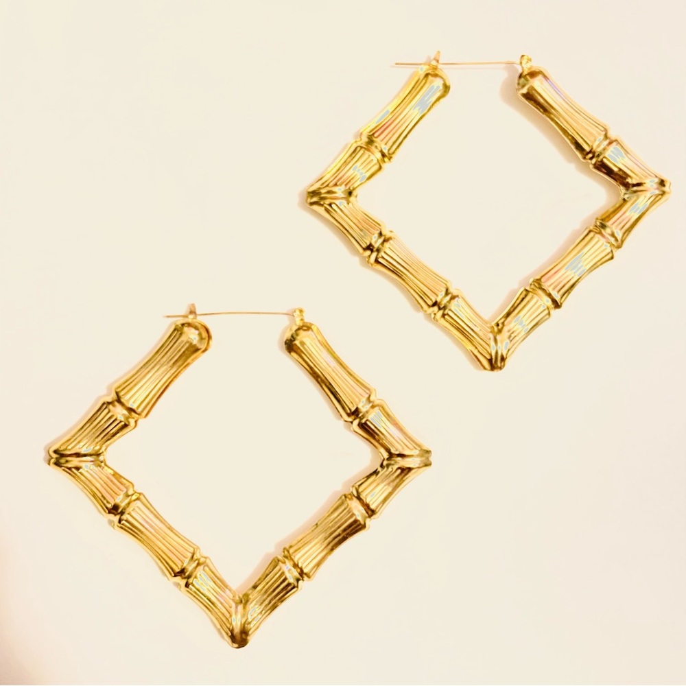 Goldtone Geometric Bamboo Earrings - Picture 2 of 2